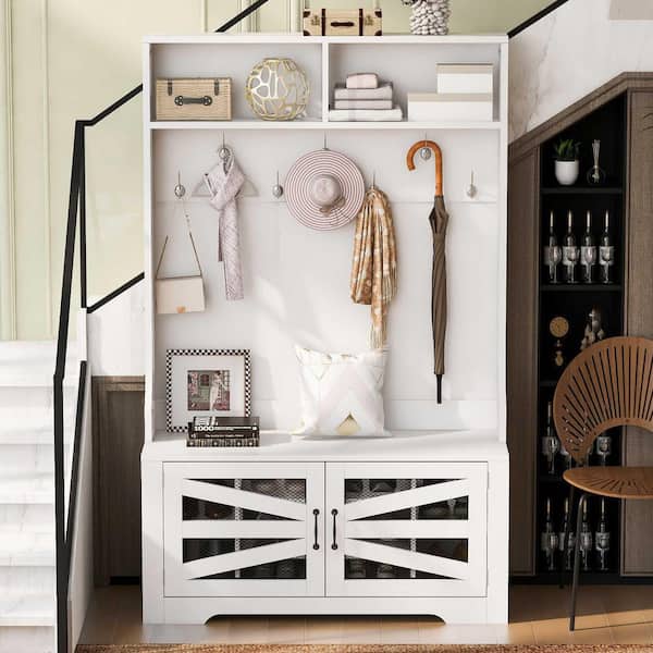 43.3 in. Entryway Bench with Coat Rack, 3-in-1 Design and Adjustable Shelves, 7-Hooks for Entrance, Living Room, White