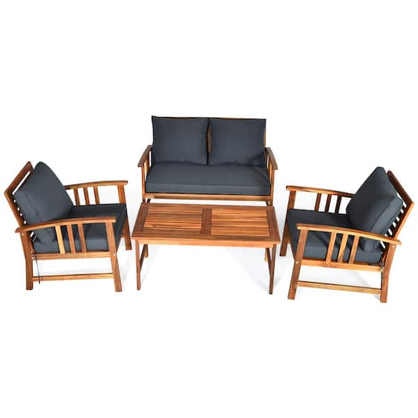 Costway 4-Piece Wood Wicker Patio Conversation Set with Gray Cushion