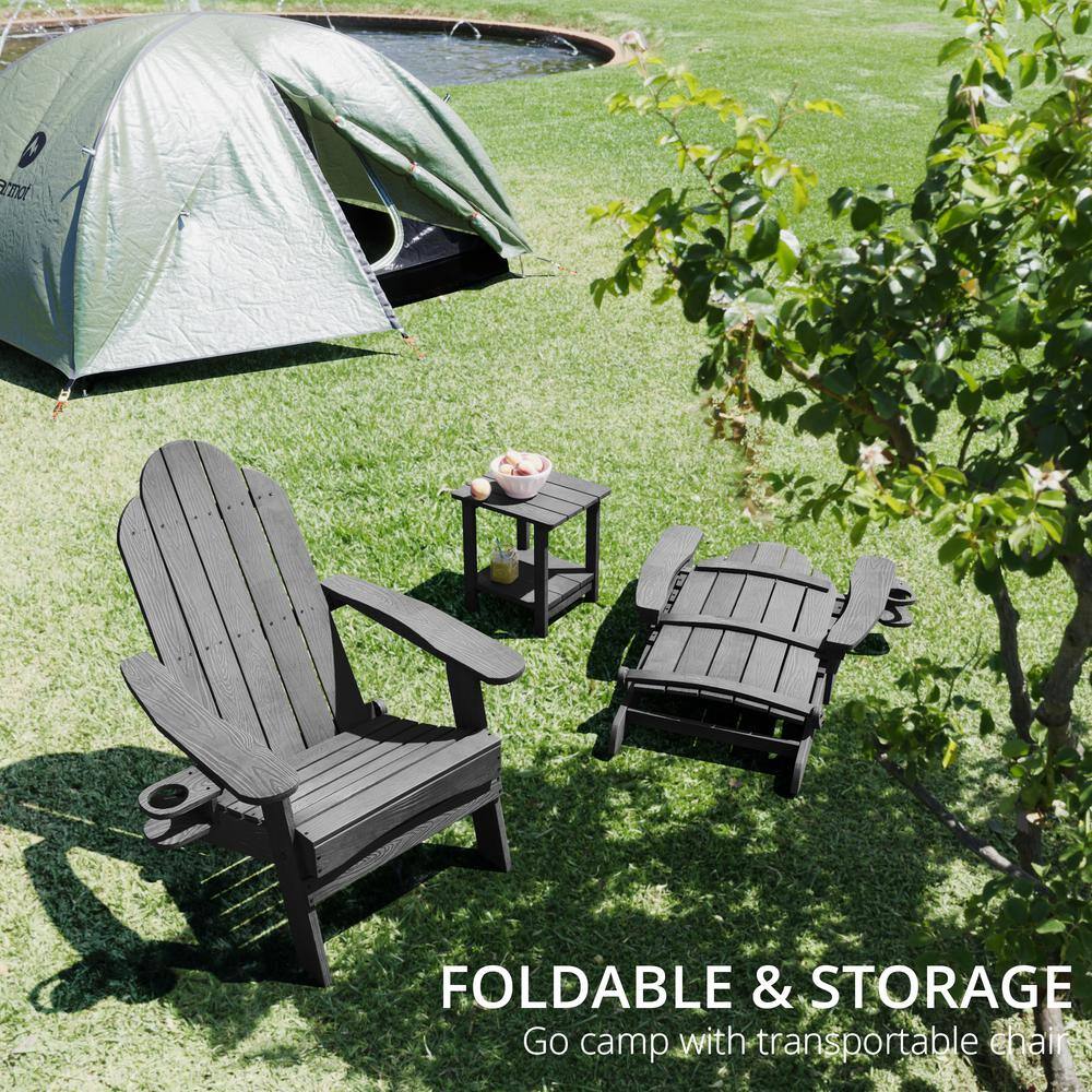 Dark Gray Folding Adirondack Chair Set with Cup Holder, 4-Piece