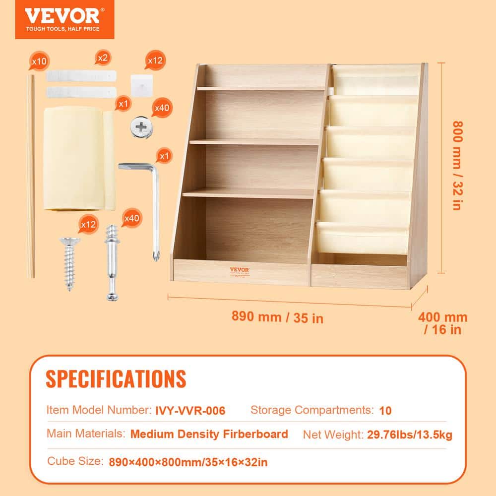 Brown Wooden Kids Bookshelf with Storage Cubes