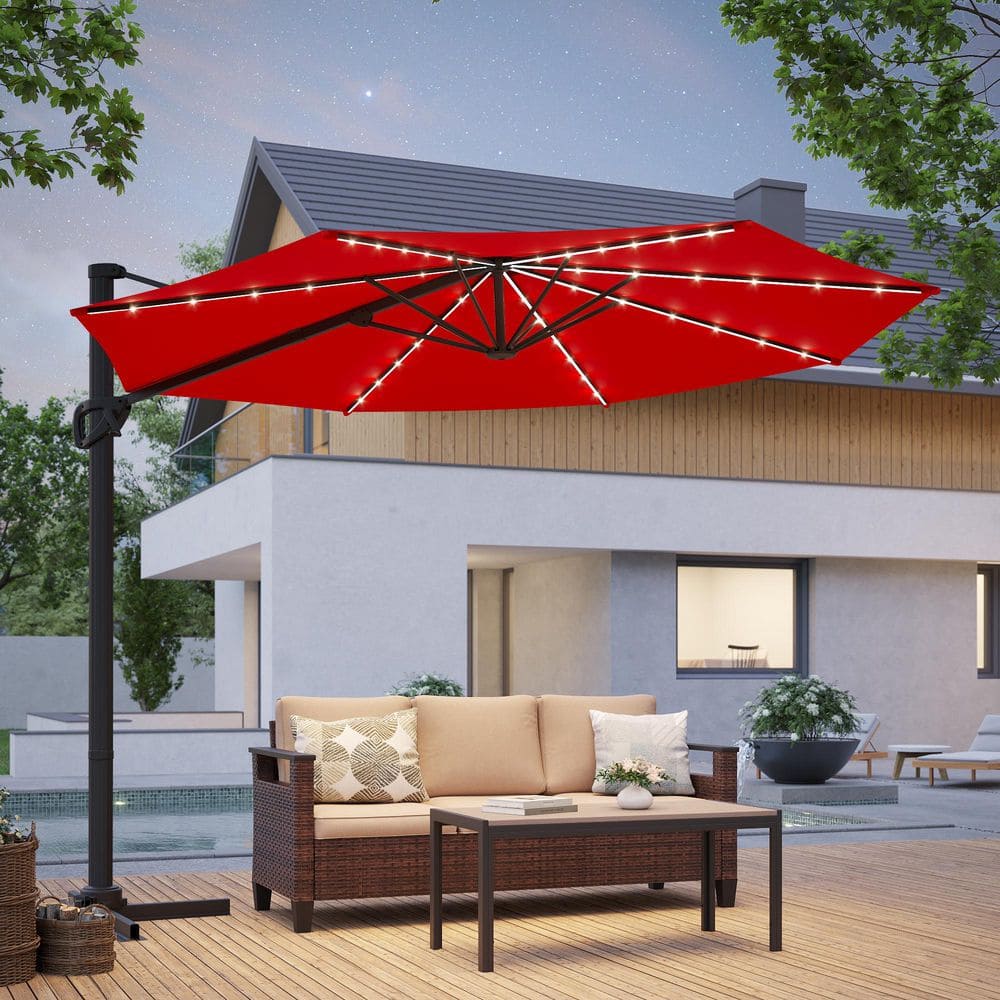 Sonkuki 10 ft. Round Solar LED 360-Degree Rotation Cantilever