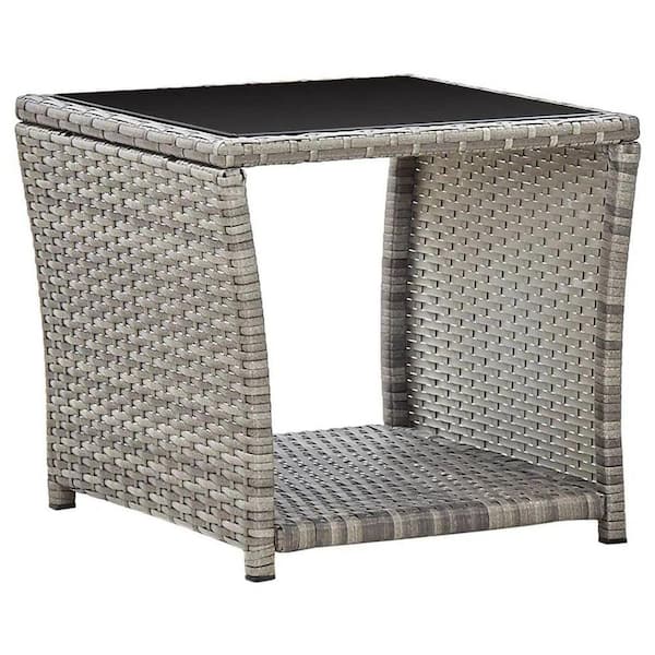 Modern Gray Rattan Coffee Table-17.7 in. Square Glass Top, Weather-Resistant PE Wicker, for Patio, Balcony, Garden