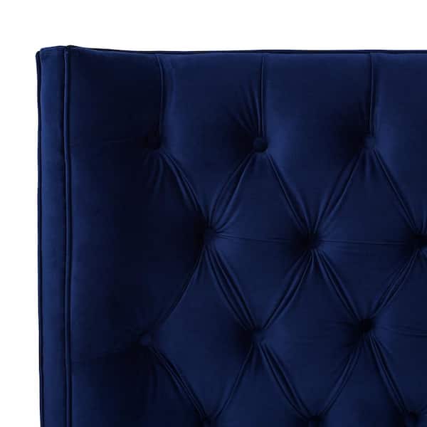 IF-5541 Blue Velvet Fabric Queen, King bed with Deep Tufting and Chrome  Trim on Headboard.
