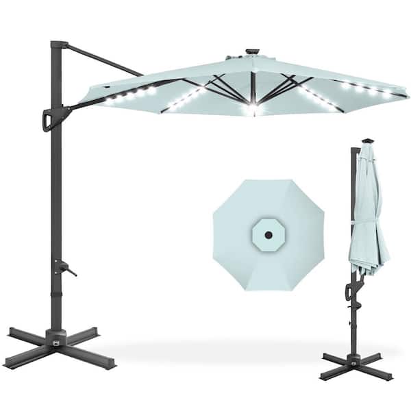 Best Choice Products 10 ft. 360-Degree Solar LED Cantilever Patio Umbrella, Outdoor Hanging Shade w/Lights - Baby Blue