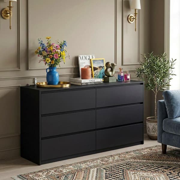 FUFU&GAGA Black 6-Drawers 59 in. W Wooden Dresser without Mirror