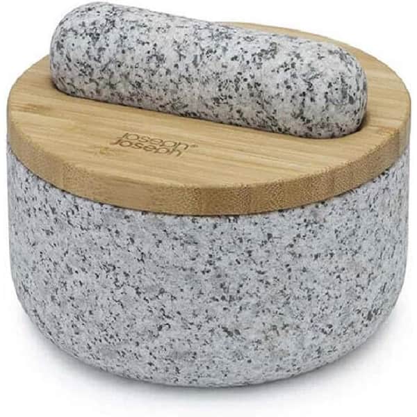 Adrinfly 5 in. Heavy-weight Design Natural Granite Clean and Dust-free Mortar and Pestle in Gray with Bamboo Lid