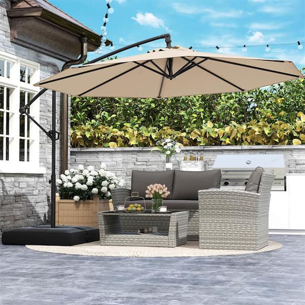 10 ft. Metal Tilt Cantilever Patio Umbrella Offset Hanging Umbrella with Base 360° Rotation in Beige