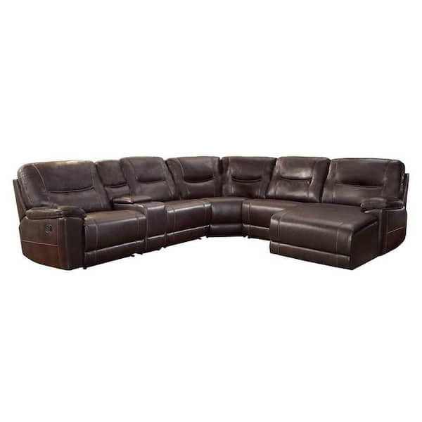EVERGLADE HOME Percy 126 in. W Pillow Top Arm 6-Piece Faux Leather U-Shaped Sectional Sofa in Brown