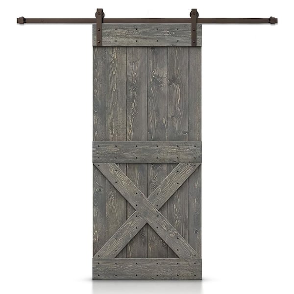 CALHOME 26 in. x 84 in. Distressed Mini X Series Weather Gray Stained DIY Wood Interior Sliding Barn Door with Hardware Kit