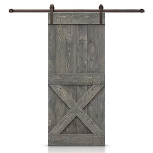 36 in. x 84 in. Distressed Mini X Weather Gray Stained DIY Solid Pine Wood Interior Sliding Barn Door with Hardware Kit