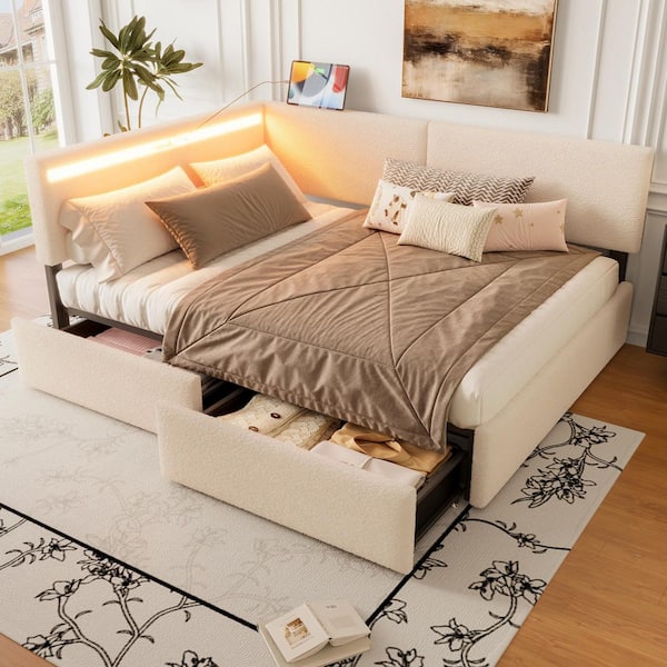 Hall Beige Fleece Fabric Upholstered Full Size Daybed with 2 Storage Drawers, USB Charging, LED Light