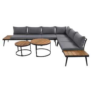 Natural Metal 6-Pieces Outdoor Sectional Sofa Set with Grey Cushions and Round Nesting Coffee Tables