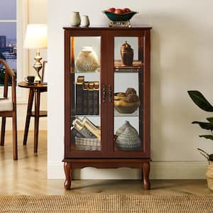 Curio Walnut Cabinet Lighted Curio Diapaly Cabinet with Adjustable Shelves and Mirrored Back Panel Tempered Glass Doors