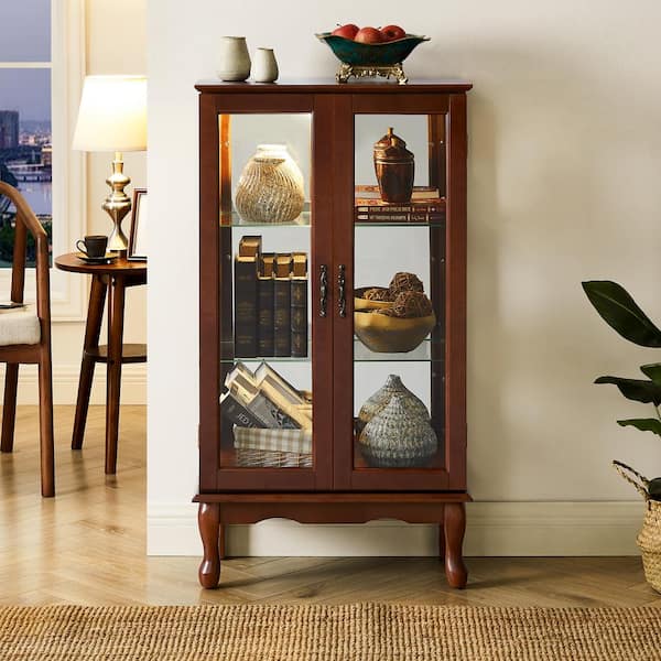 Curio Walnut Cabinet Lighted Curio Diapaly Cabinet with Adjustable Shelves and Mirrored Back Panel Tempered Glass Doors