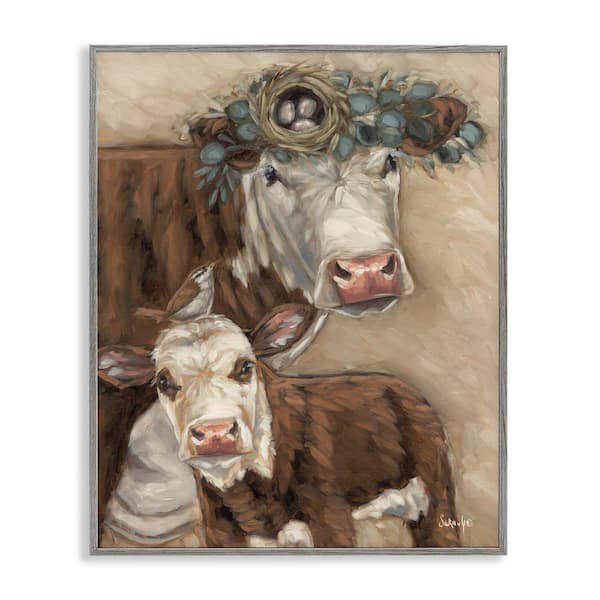 Cow and Calf with Bird Nest by Sara G. Designs Gray Framed Animal Giclee Art Print 20 in. x 16 in.
