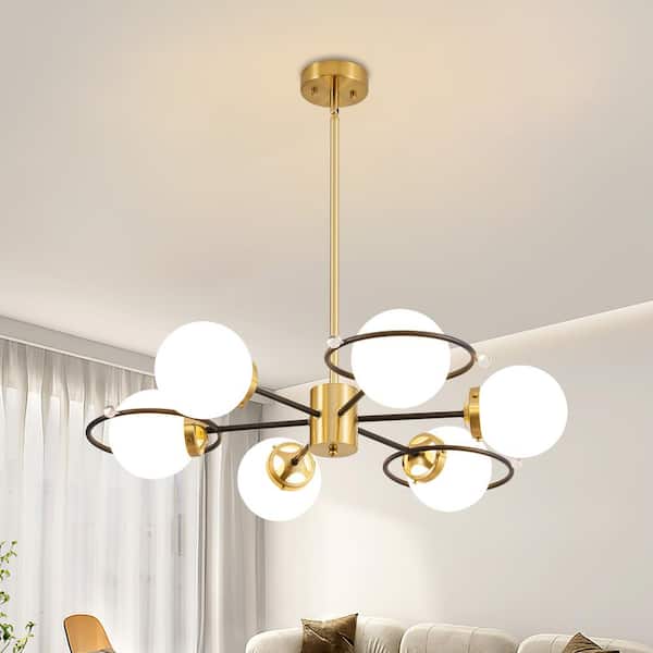 Deyidn Modern 6-Light Black Ang Gold Sputnik Chandeliers with Milk White Glass Shade and Height Adjustable, Bulbs Not Included