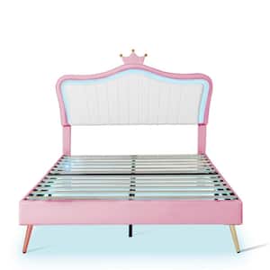Pink Modern Princess Bed Wood Frame Queen Faux Upholstered Platform Bed with LED Light and Adjustable Crown Headboard