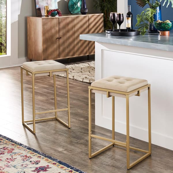 26 in. Beige Velvet Gold Finish Button Tufted Bar Stools (Set Of 2)