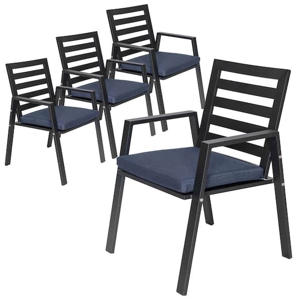 Leisuremod Chelsea Modern Dining Chair in Black Aluminum with Removable Cushions Set of 4, Charcoal Blue
