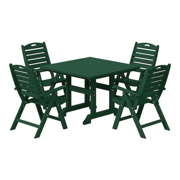 Laguna All Weather HDPE Plastic Outdoor 5-Piece Square Table Folding Highback Chairs Patio Dining Set, Dark Green