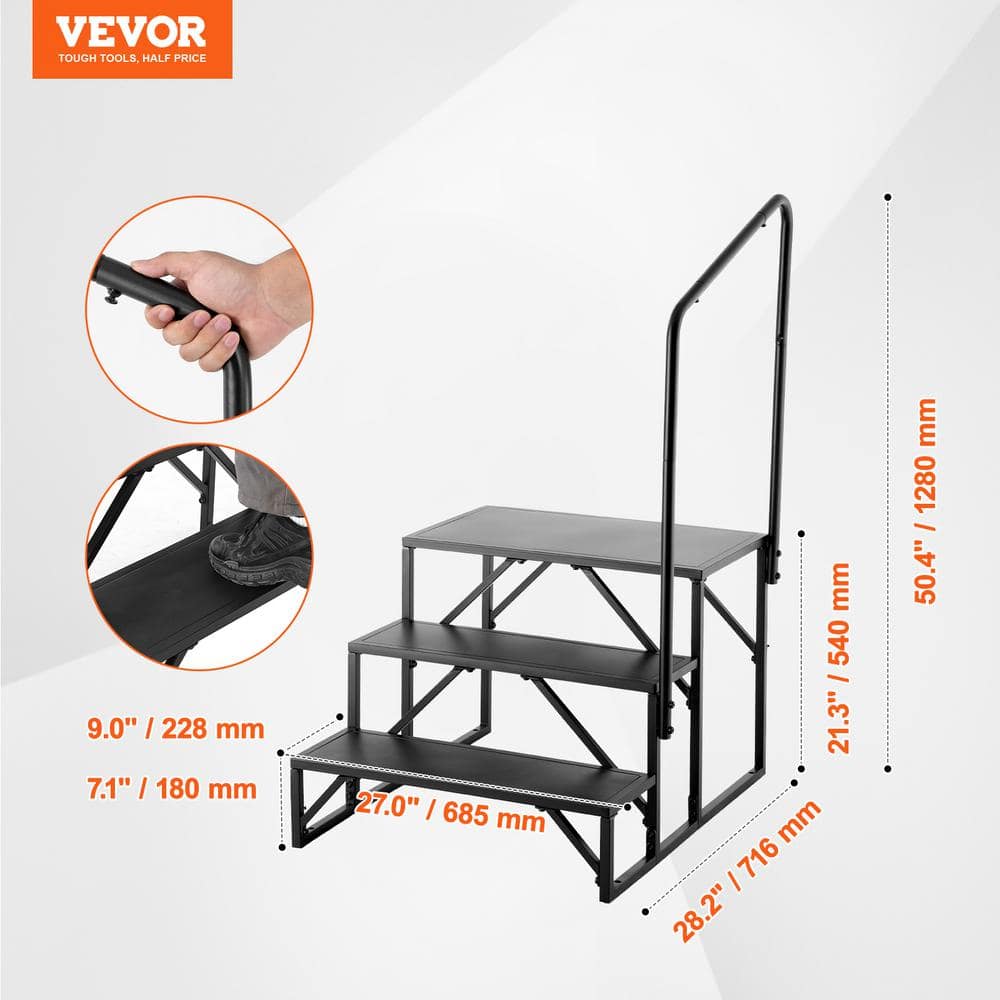 Black Carbon Steel 3-Step RV Stairs with Handrail