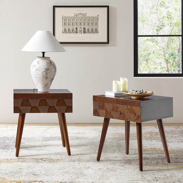 JAYDEN CREATION Edelmira 22 in Walnut MDF Hexagon End Table with Charging Station Set of 2
