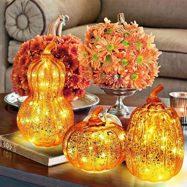 3-Piece Glass LED Lighted Pumpkin Decor with Timer