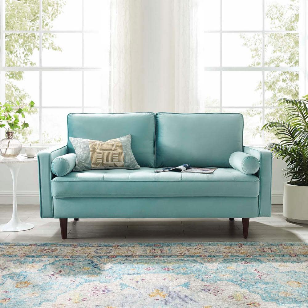 Mint Green Velvet Tufted Loveseat with Walnut Wood Legs
