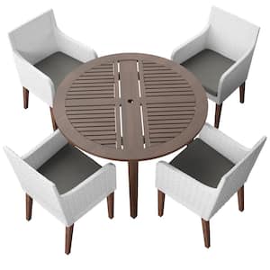 5-Piece Wicker and Acacia Outdoor Dining Set with 4 Dining Armchairs with Grey Cushions