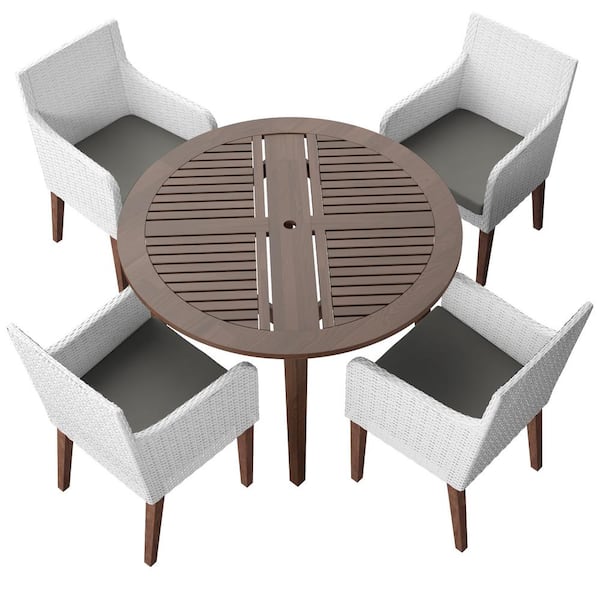 TK CLASSICS 5-Piece Wicker and Acacia Outdoor Dining Set with 4 Dining Armchairs with Grey Cushions