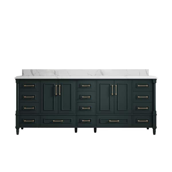 Willow Collections Hudson 84 in. W x 22 in. D x 36 in. H Double Sink Bath Vanity in Dark Green with Cove Edge Calacatta Quartz Top