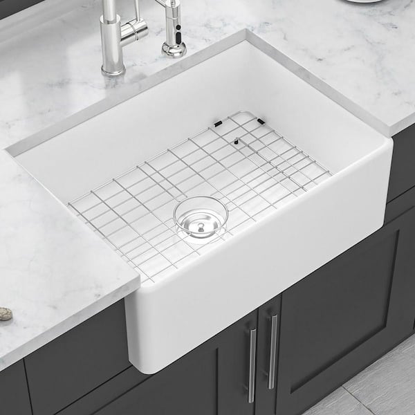 28 in. Farmhouse Single Bowl White Ceramic Kitchen Sink with Bottom Grids