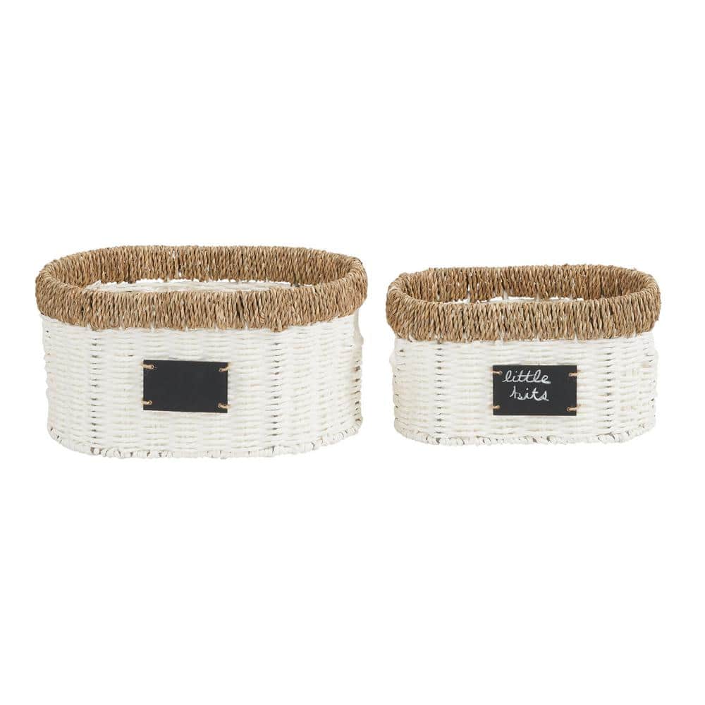 White Oval Seagrass and Paper Rope Storage Baskets, Set of 2