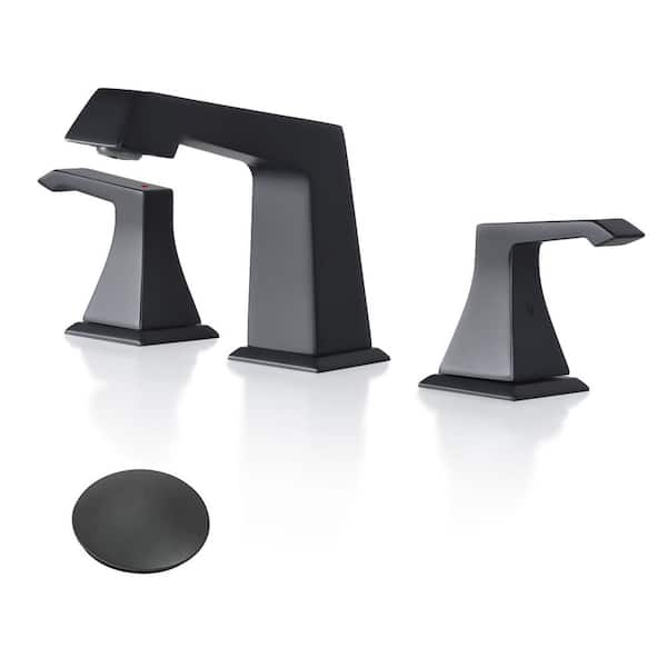 FLG 8 in. Widespread Double Handle Bathroom Faucet with Pop-Up Drain 3 Holes Brass Bathroom Sink Basin Taps in Matte Black