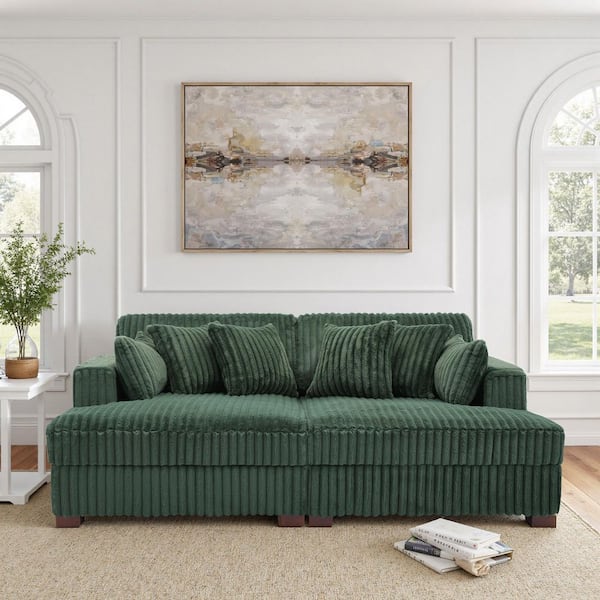 84.36 in. Modern Square Arm Faux Rabbit Fur Fabric Upholstered Sectional Sofa in. Green With Four Pillows