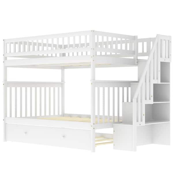 aisword White Full Over Full Bunk Bed with Trundle and Staircase