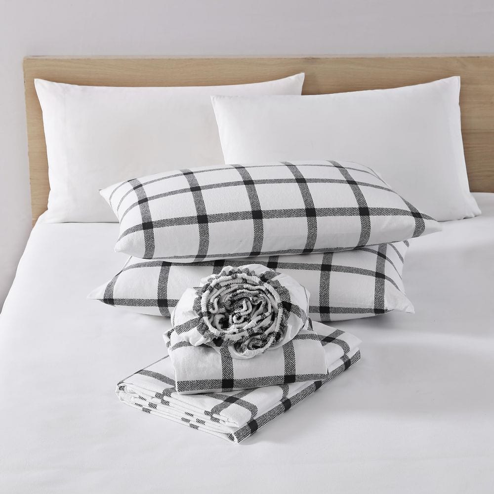 Gray Plaid Cotton Flannel Twin Sheet Set with Deep Pockets