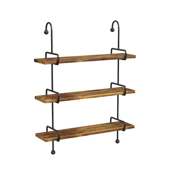 Wendy 31 in. W x 8.5 in. D Brown Wood and Black Metal Decorative Wall Shelf