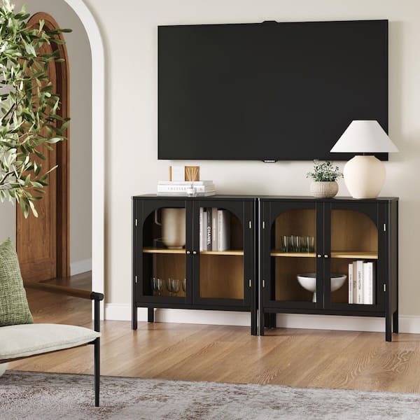 Nathan James Mason Free Standing Accent Sideboard Buffet with Glass Doors And Adjustable Shelves, Clear Glass/Black, Set of 2