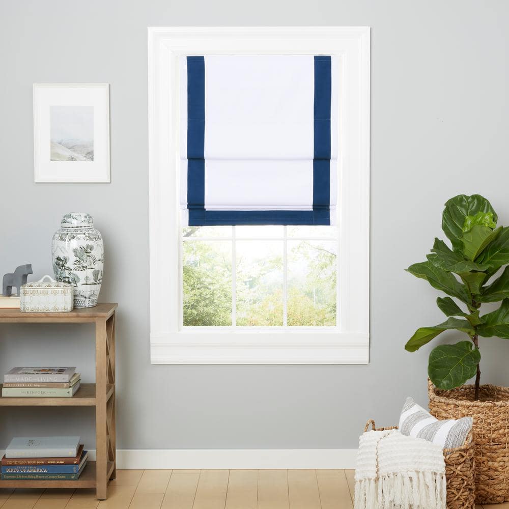 White and Denim Cordless Blackout Roman Shade