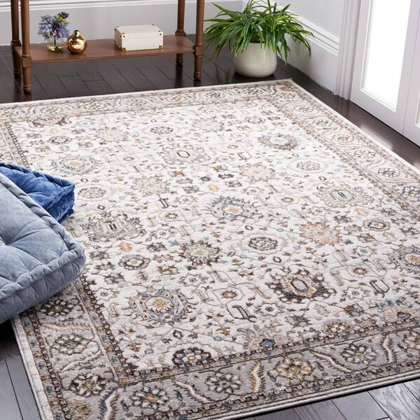 Bel Air 7 ft. x 7 ft. Beige/Gray Border Oriental Square Area Rug