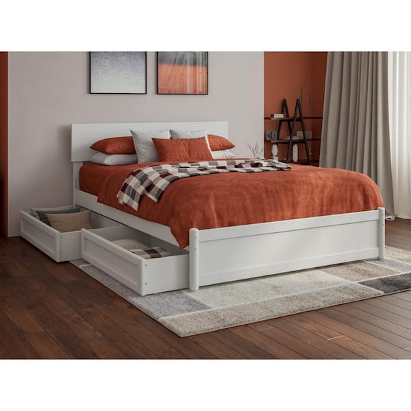 AFI Wesley White Solid Wood Frame Full Platform Bed with Panel Footboard and Storage Drawers