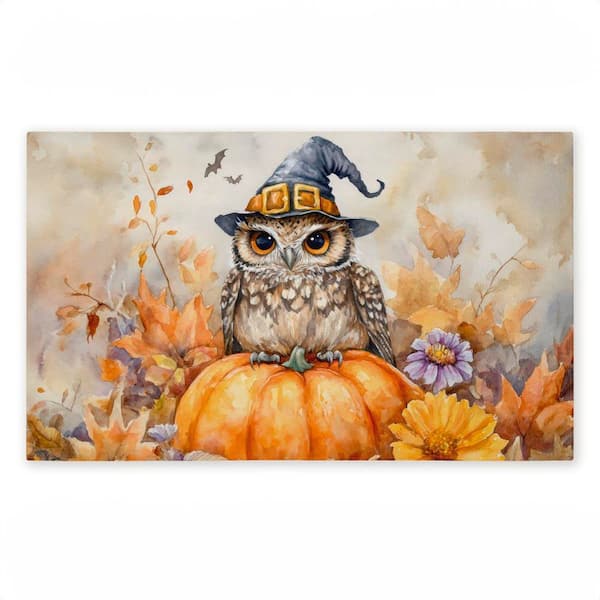 Owl Perched on Pumpkin Orange 18 in. x 30 in. Polyester Non-Slip Outdoor Door Mat