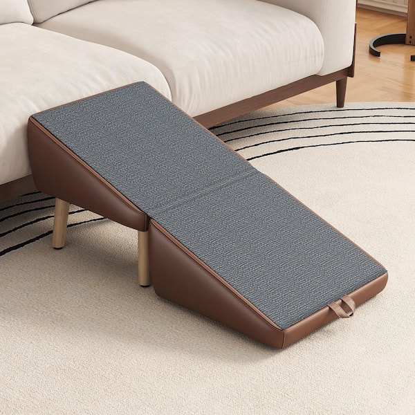 2-in-1 Foldable Pet Ramp Brown Faux Leather Upholstered Square Ottoman