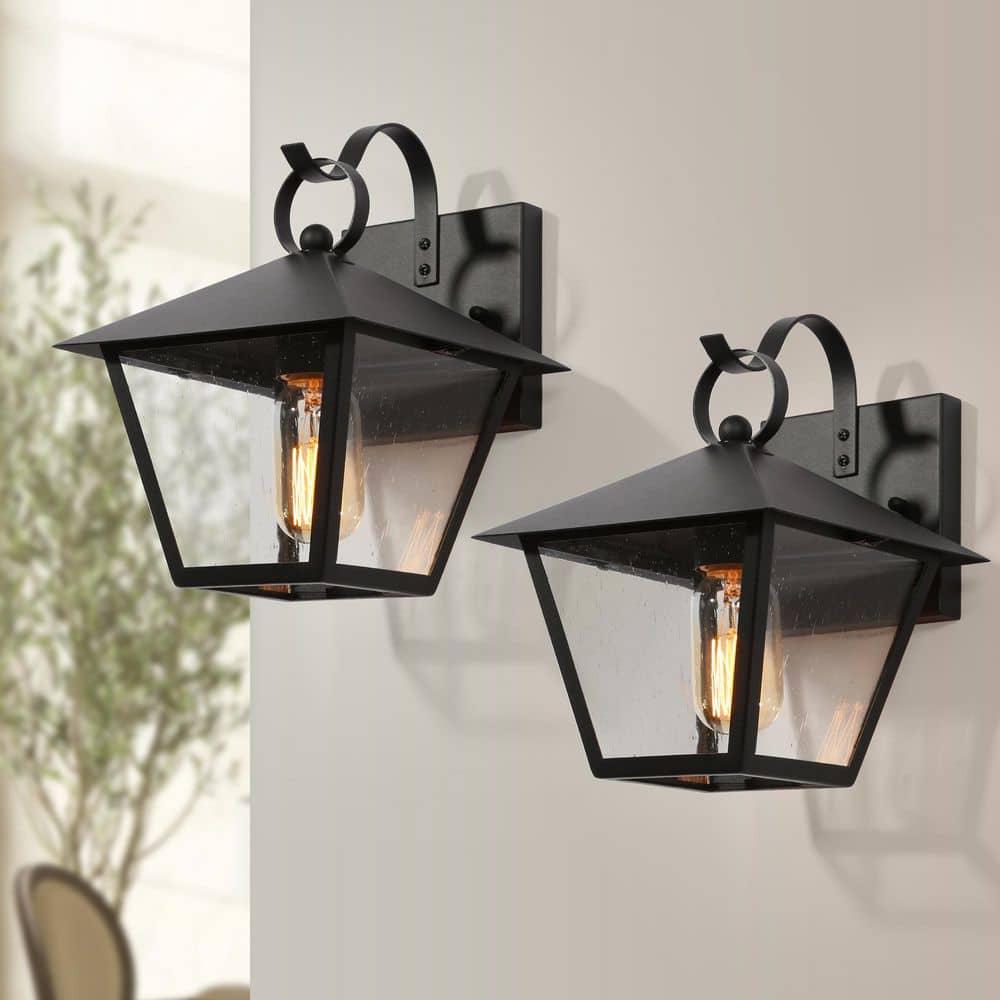 Modern Black Outdoor Wall Light, Jared 10 in. H 1-Light OutdoorLantern Sconce Light with Seeded Glass Shade (2-Pack) price history on PriceWatchPro