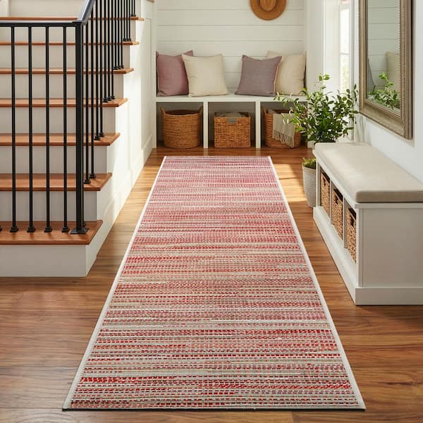 Monaco Alassio Sand-Maroon-Salmon 2 ft. x 12 ft. Striped Low-Profile Indoor/Outdoor Runner Rug