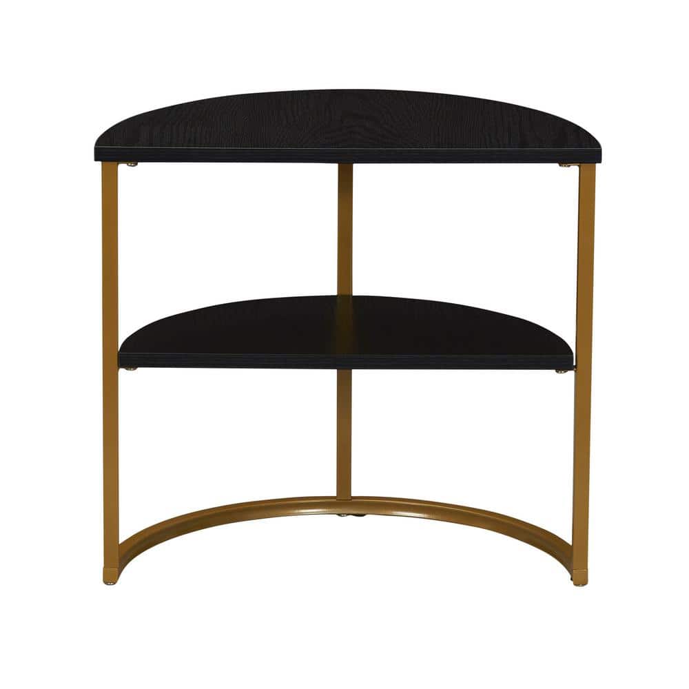 Black Oak and Gold Half-Moon 2-Tier End Table