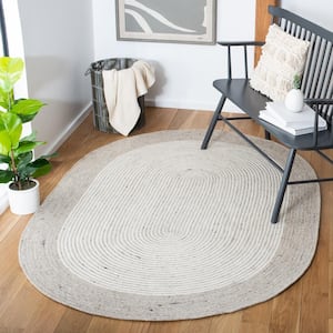 Braided Beige Ivory 8 ft. x 10 ft. Border Striped Oval Area Rug