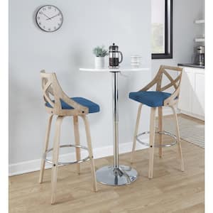 Charlotte 29.5 in. Blue Fabric, White Wash Wood and Chrome Metal Fixed-Height Bar Stool with Round Footrest (Set of 2)