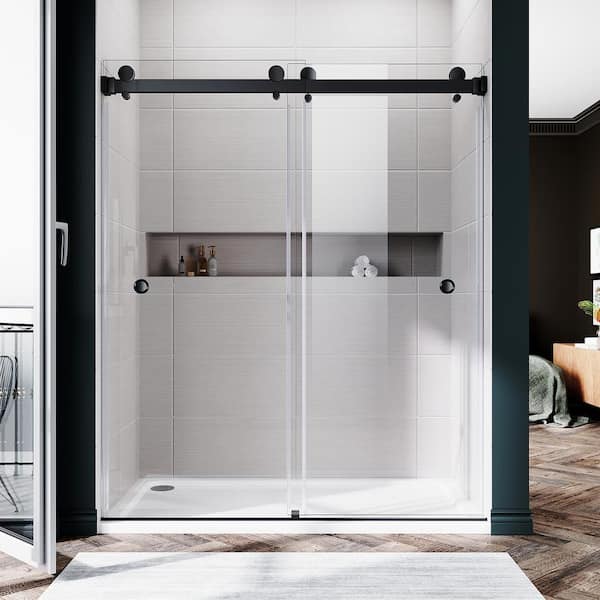 UNIKOO UKD01 56 to 60 in. W x 72 in. H Double Sliding Frameless Shower Door in Matte Black, EnduroShield 3/8 in. Clear Glass